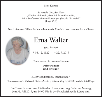 Traueranzeige von Erna Walter von Siegener Zeitung