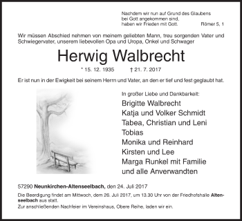 Traueranzeige von Herwig Walbrecht von Siegener Zeitung