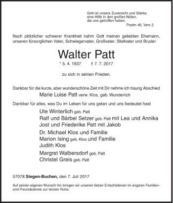 Traueranzeige von Walter Patt von Siegener Zeitung