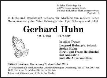 Traueranzeige von Gerhard Huhn von Siegener Zeitung