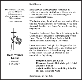 Traueranzeige von Hans-Werner Lückel von Siegener Zeitung