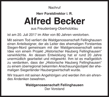 Traueranzeige von Alfred Becker von Siegener Zeitung