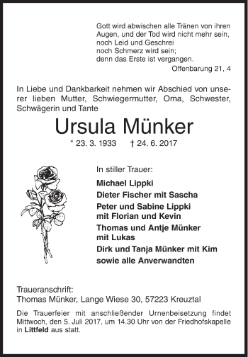Traueranzeige von Ursula Münker von Siegener Zeitung
