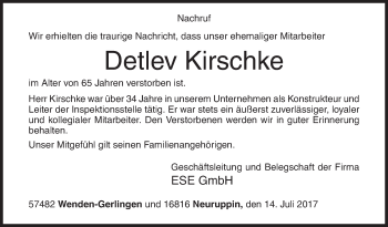 Traueranzeige von Detlev Kirschke von Siegener Zeitung