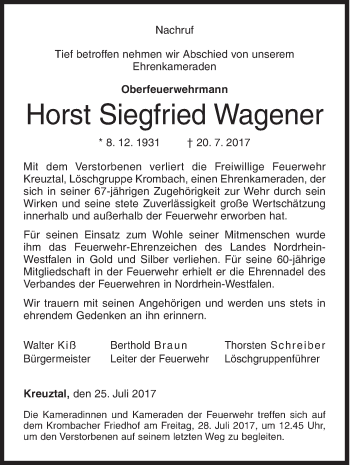 Traueranzeige von Horst Siegfried Wagener von Siegener Zeitung