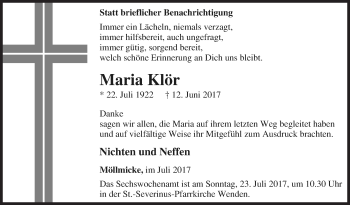 Traueranzeige von Maria Klör von Siegener Zeitung