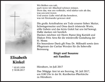 Traueranzeige von Elisabeth Kinkel von Siegener Zeitung