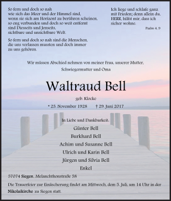 Traueranzeige von Waltraud Bell von Siegener Zeitung
