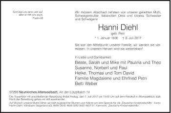 Traueranzeige von Hanni Diehl von Siegener Zeitung