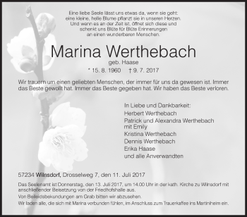 Traueranzeige von Marina Werthebach von Siegener Zeitung