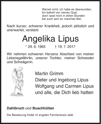 Traueranzeige von Angelika Lipus von Siegener Zeitung