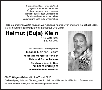 Traueranzeige von Helmut  Klein von Siegener Zeitung