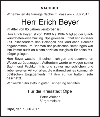 Traueranzeige von Erich Beyer von Siegener Zeitung