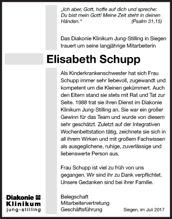 Traueranzeige von Elisabeth Schupp von Siegener Zeitung