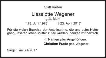 Traueranzeige von Lieselotte Wegener von Siegener Zeitung