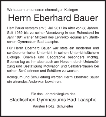 Traueranzeige von Eberhard Bauer von Siegener Zeitung