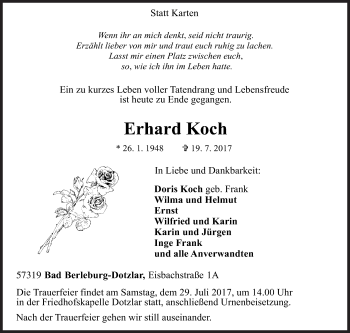 Traueranzeige von Erhard Koch von Siegener Zeitung