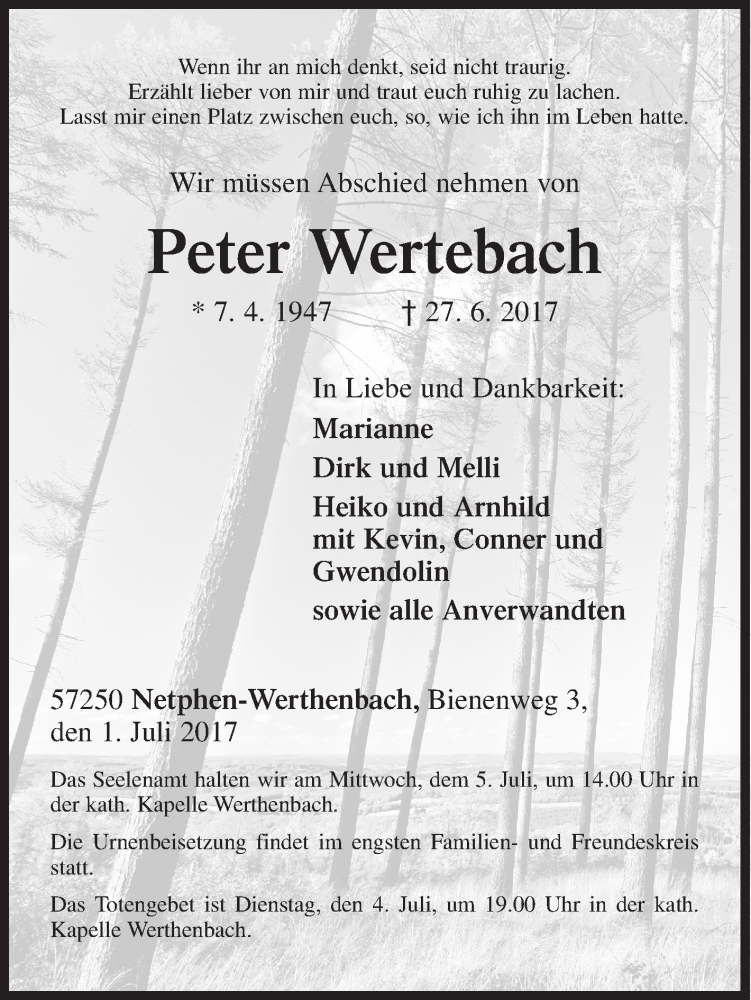  Traueranzeige für Peter Wertebach vom 01.07.2017 aus Siegener Zeitung