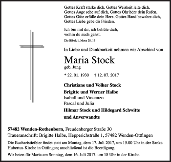 Traueranzeige von Maria Stock von Siegener Zeitung