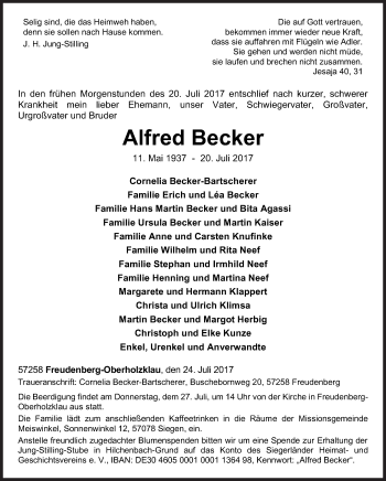 Traueranzeige von Alfred Becker von Siegener Zeitung