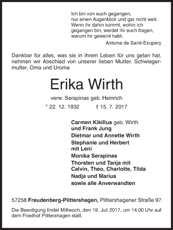 Traueranzeige von Erika Wirth von Siegener Zeitung