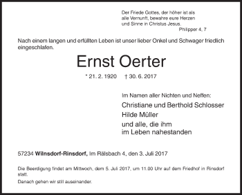 Traueranzeige von Ernst Oerter von Siegener Zeitung