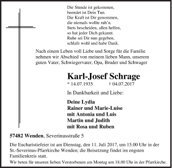 Traueranzeige von Karl-Josef Schrage von Siegener Zeitung