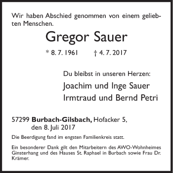 Traueranzeige von Gregor Sauer von Siegener Zeitung