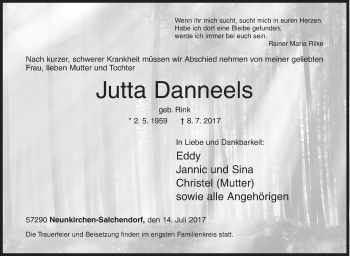 Traueranzeige von Jutta Danneels von Siegener Zeitung