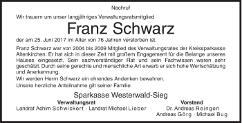 Traueranzeige von Franz Schwarz von Siegener Zeitung