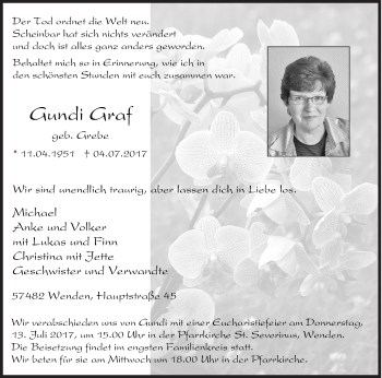 Traueranzeige von Gundi Graf von Siegener Zeitung