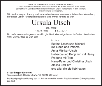 Traueranzeige von Ursula Utsch von Siegener Zeitung