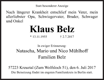 Traueranzeige von Klaus Belz von Siegener Zeitung