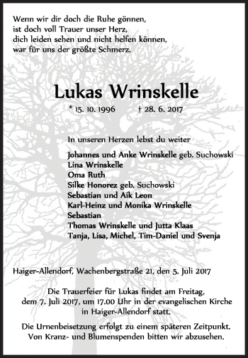 Traueranzeige von Lukas Wrinskelle von Siegener Zeitung