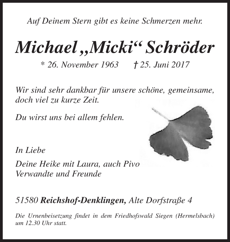  Traueranzeige für Michael  Schröder vom 01.07.2017 aus Siegener Zeitung