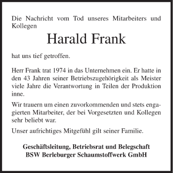 Traueranzeige von Harald Frank von Siegener Zeitung