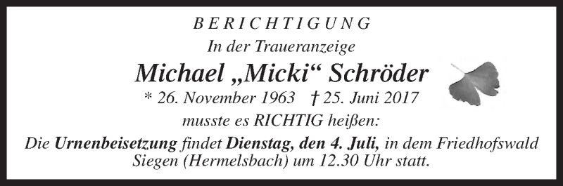  Traueranzeige für Michael  Schröder vom 03.07.2017 aus Siegener Zeitung
