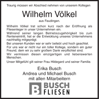 Traueranzeige von Wilhelm Völkel von Siegener Zeitung