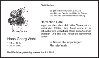 Traueranzeige von Hans Georg Wahl von Siegener Zeitung