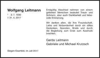 Traueranzeige von Wolfgang Leitmann von Siegener Zeitung