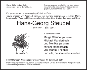 Traueranzeige von Hans-Georg Steudel von Siegener Zeitung
