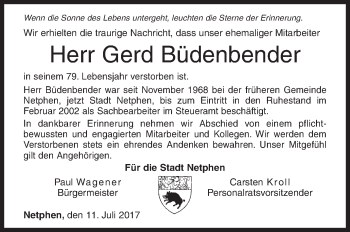 Traueranzeige von Gerd Büdenbender von Siegener Zeitung