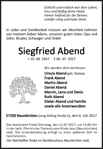 Traueranzeige von Siegfried Abend von Siegener Zeitung
