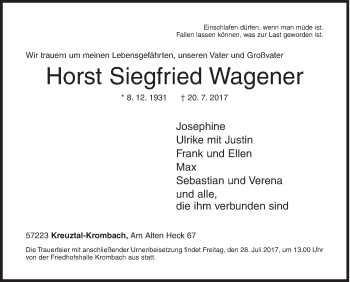 Traueranzeige von Horst Siegfried Wagener von Siegener Zeitung