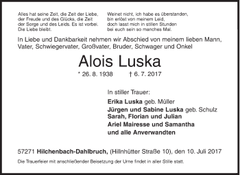 Traueranzeige von Alois Luska von Siegener Zeitung