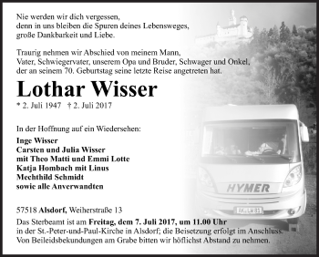 Traueranzeige von Lothar Wisser von Siegener Zeitung
