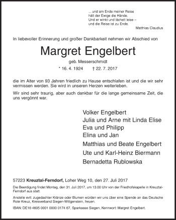 Traueranzeige von Margret Engelbert von Siegener Zeitung