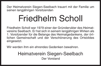 Traueranzeige von Friedhelm Scholl von Siegener Zeitung
