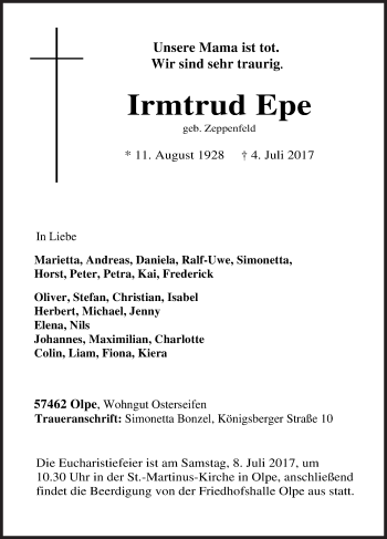 Traueranzeige von Irmtrud Epe von Siegener Zeitung
