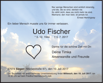Traueranzeige von Udo Fischer von Siegener Zeitung